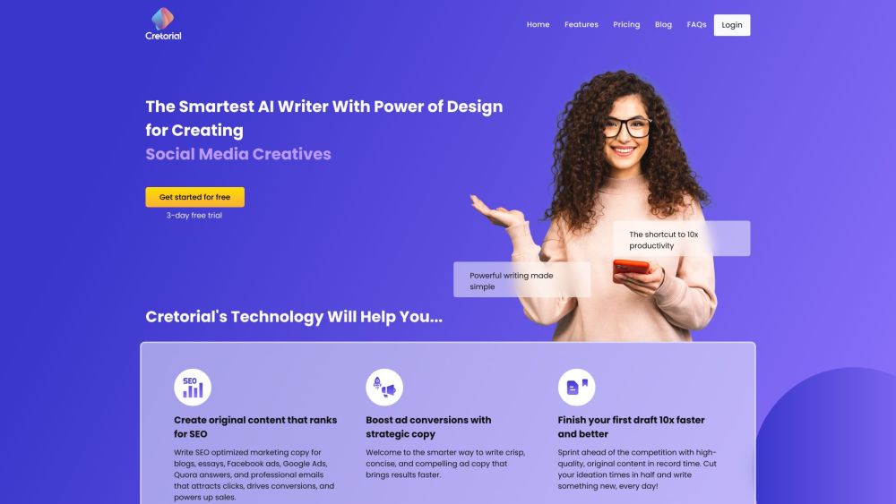 Cretorial AI Writer: AI-Powered Content Creation, Boosts Writing Efficiency - Featured on Best AI Tool