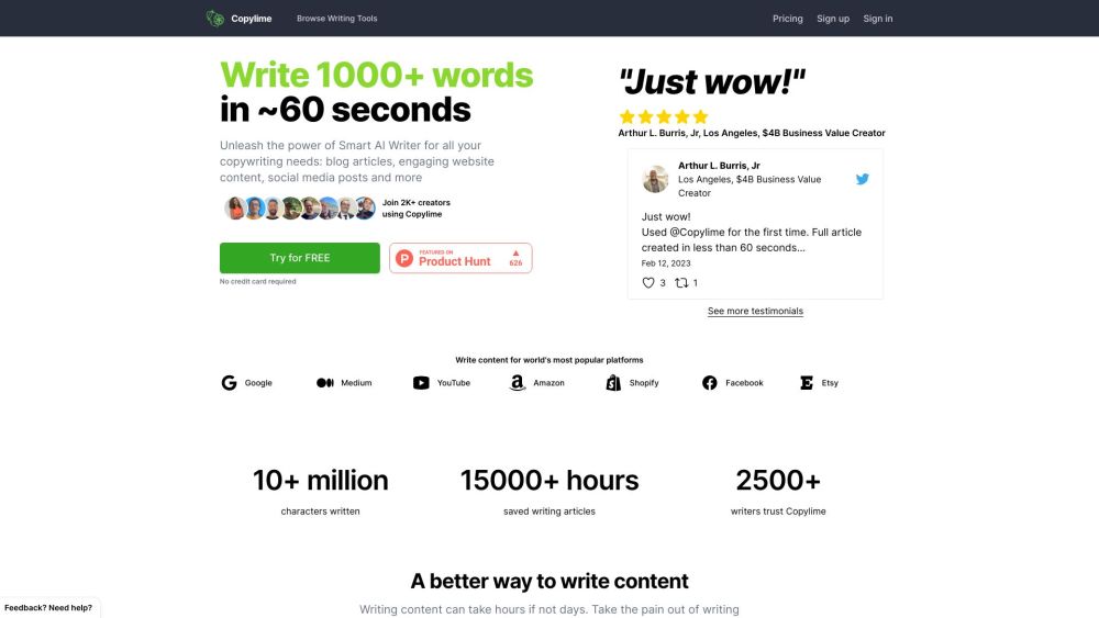 Copylime: AI Writer for Fast, Efficient Marketing Copywriting - Featured on Best AI Tool