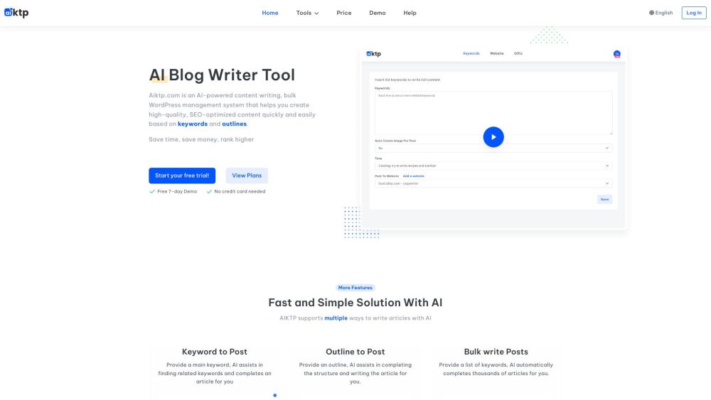 Aiktp.com: AI Content Writer & WordPress Manager : Keywords, Blog Posts, Images, One-Click Post