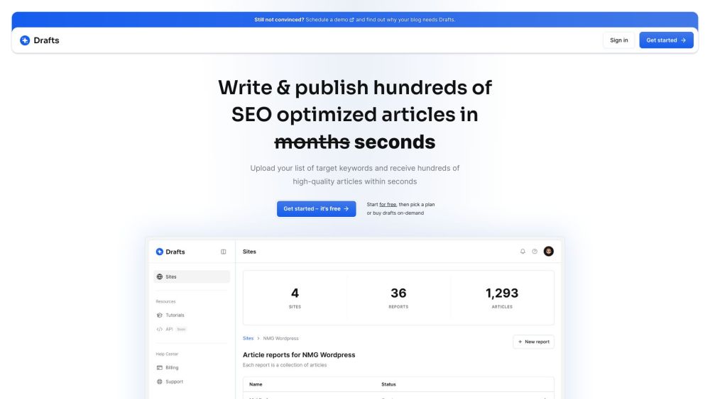 Drafts AI: Rapid SEO Articles, Multi-Platform Support & Webhook Integration - Featured on Best AI Tool