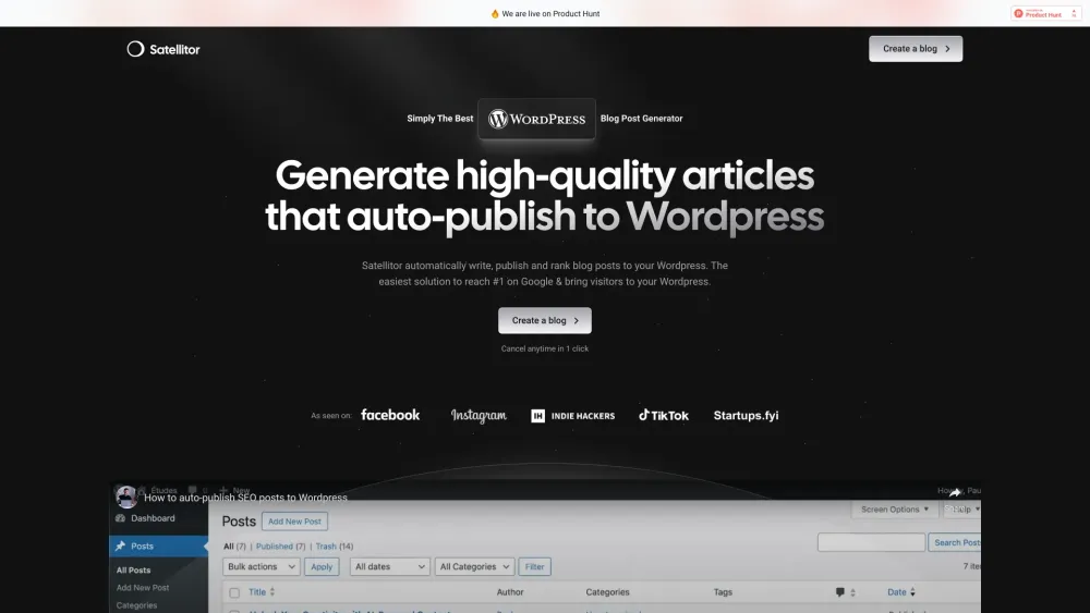 Satellitor: Auto-Generate SEO Blog Posts & Publish to Wordpress - Featured on Best AI Tool