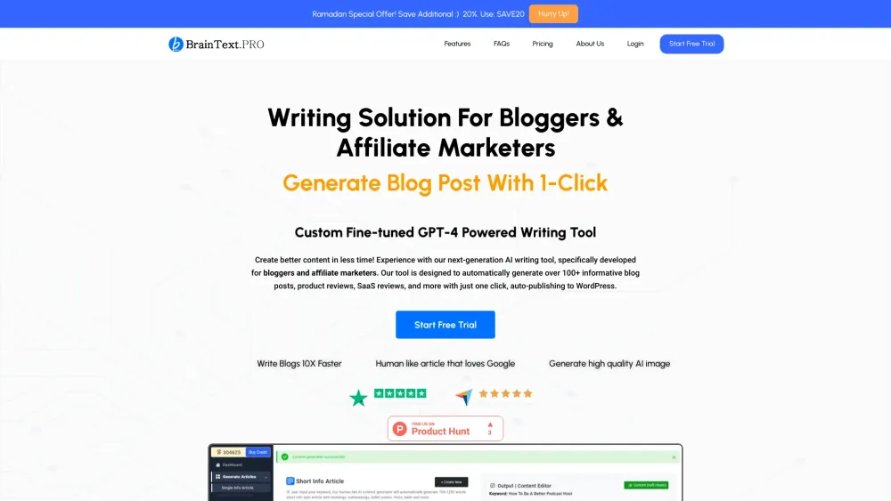 BrainText.PRO : AI Content Generator for Bloggers & Marketers - Featured on Best AI Tool