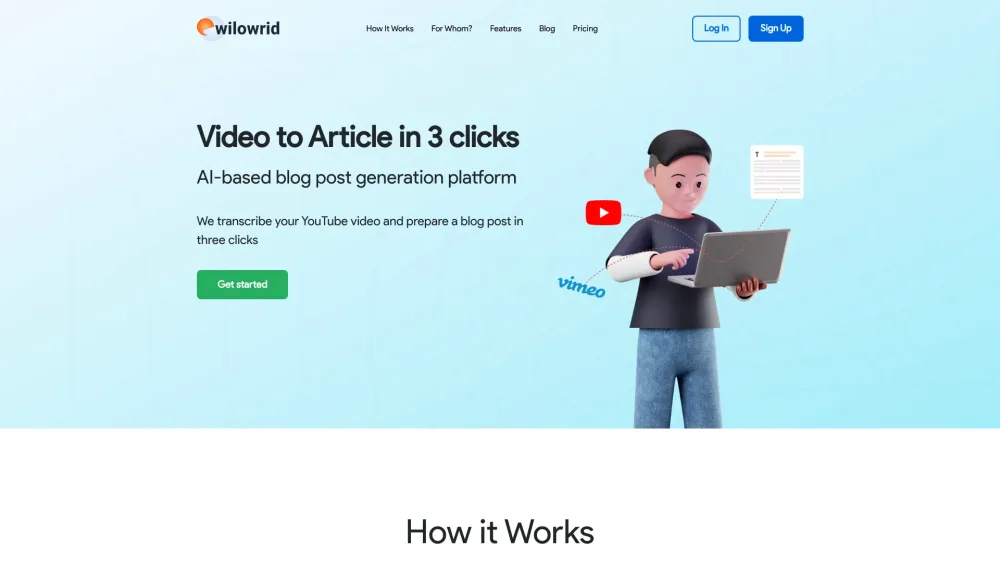 Wilowrid : Convert Videos to Articles, Edit & Publish in 3 Clicks - Featured on Best AI Tool