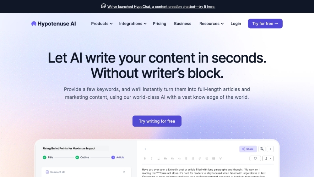 Hypotenuse AI: Quick, Insightful Content Creation With AI - Featured on Best AI Tool