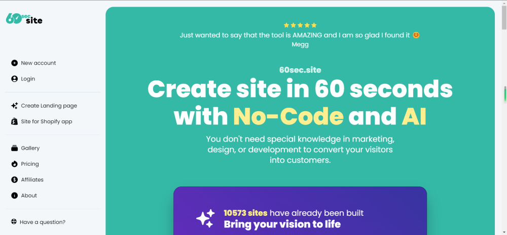 60sec.site: Fast No-Code Landing Page Builder for SaaS, Apps : Build in 60s – No Code, No Design Skills, No Hassle