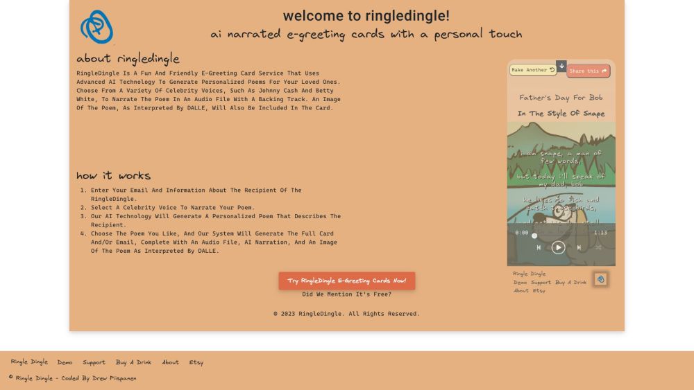 RingleDingle Home: AI Poems, Custom Voices, Audio & DALLE Images
