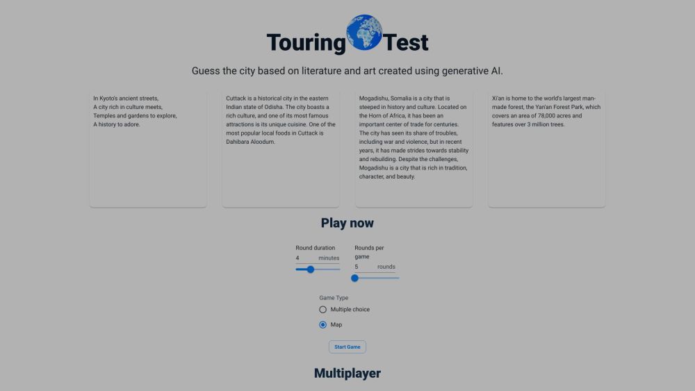 Touring Test: AI Clues, City Guessing, Multiplayer Browser Fun