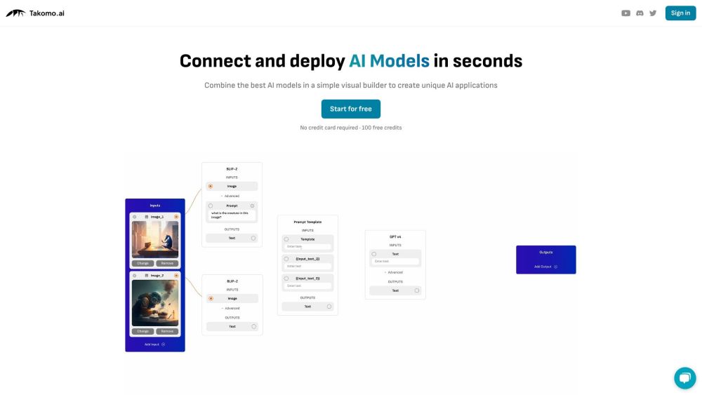 Takomo.ai: No-Code AI Builder, Fast API Generation Tool : Build custom AI apps effortlessly – drag, drop, connect pre-trained models. Generate APIs in minutes. No coding required.