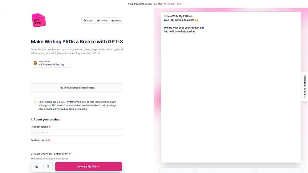 WriteMyPRD : Simplify PRD Creation, ChatGPT-Powered, Transform Ideas