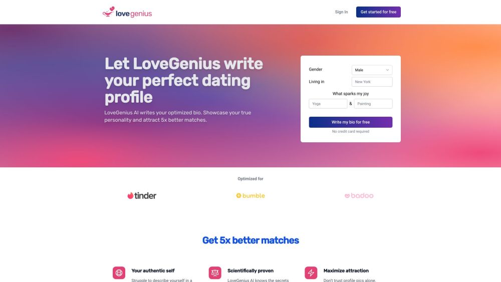 LoveGenius: AI Bios for Tinder, Bumble, Optimal Matches, Research-Backed