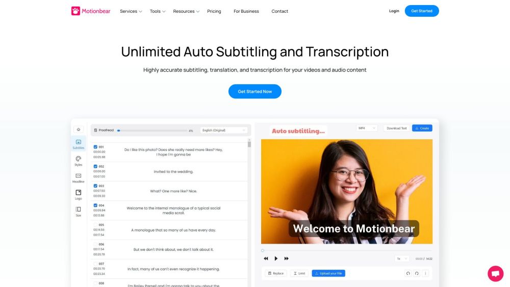 Motionbear.io: AI Transcription, Subtitles, 40+ Languages