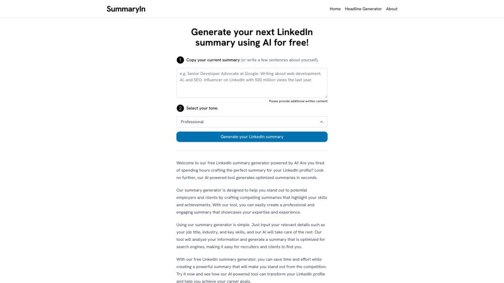 LinkedIn Summary Generator: AI-Crafted, Pro Summaries in Seconds