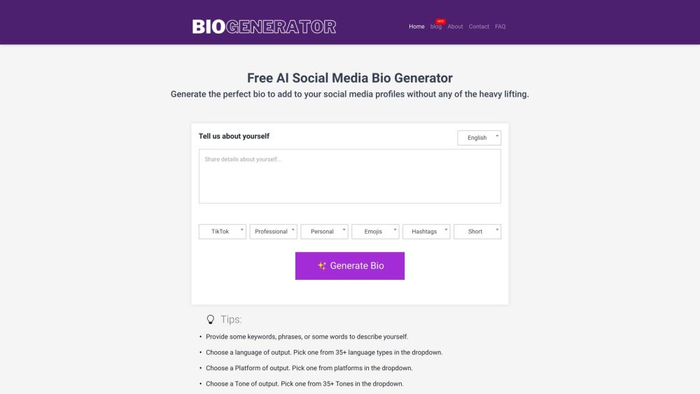 Social Media Bio Generator: Customize Tone, Type, Language for Perfect Fit