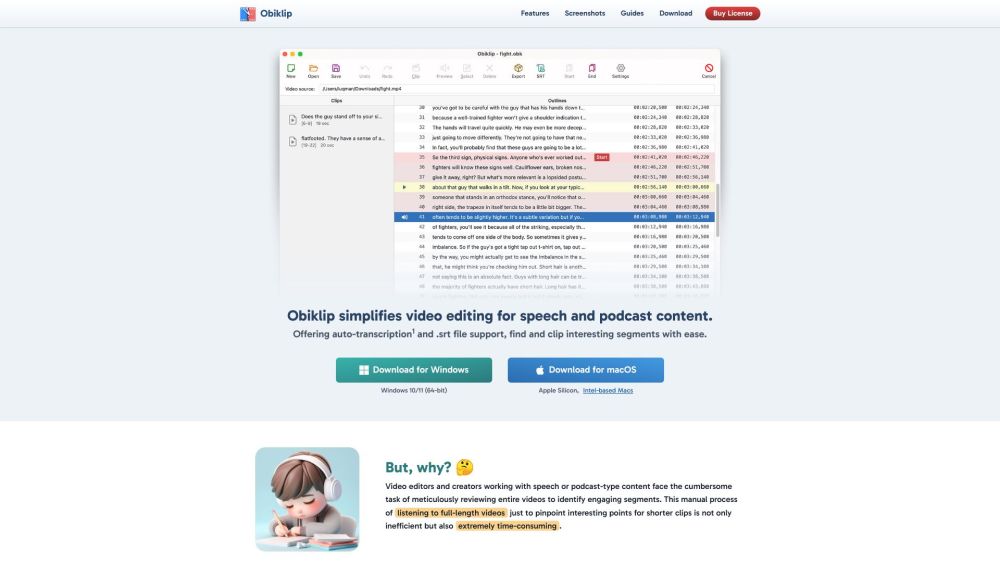 Obiklip: Auto-Transcription, SRT Support, Easy Clipping for Speech & Podcasts