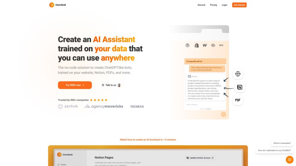Userdesk: Build AI ChatBots, Train on Data, No Code, Instant Support