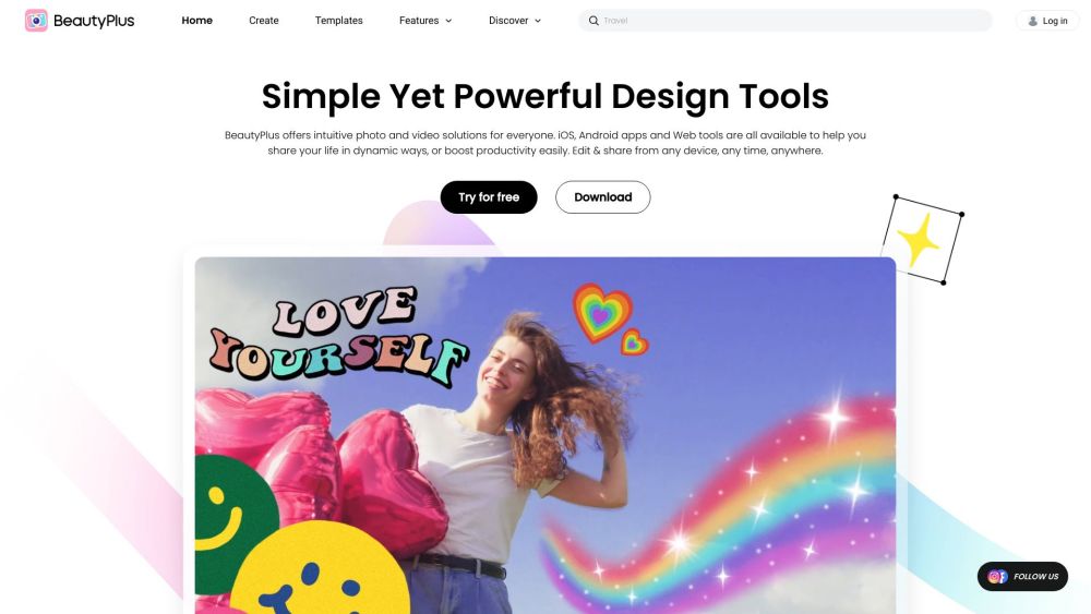 BeautyPlus: Dynamic Photo/Video Editing & Design Tools Site : Effortless editing, pro tools, free content, intuitive creation