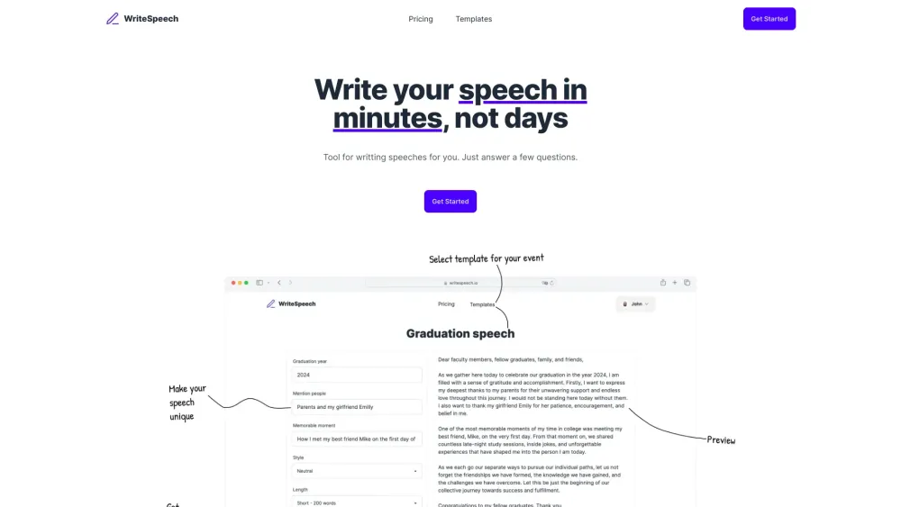 WriteSpeech: AI-Powered, Unique, Tailored Speeches for Any Occasion