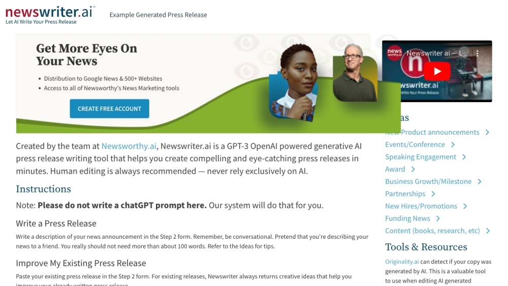 Newswriter.ai : Free GPT-3 AI Press Release Service, Easy & Transformative
