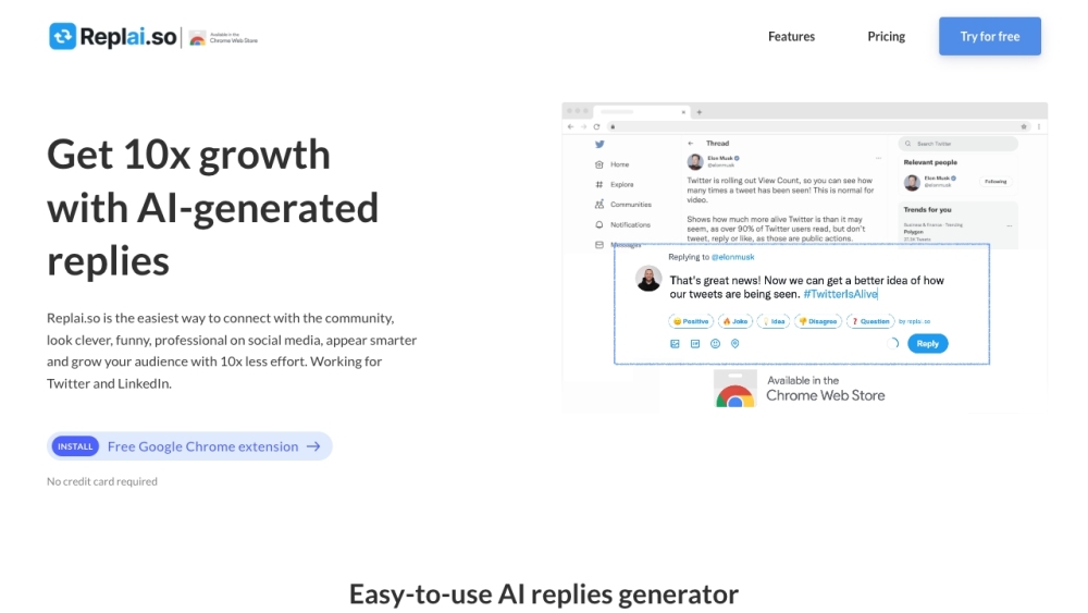 Replai.so: AI-Crafted Replies for Twitter, LinkedIn & ProductHunt